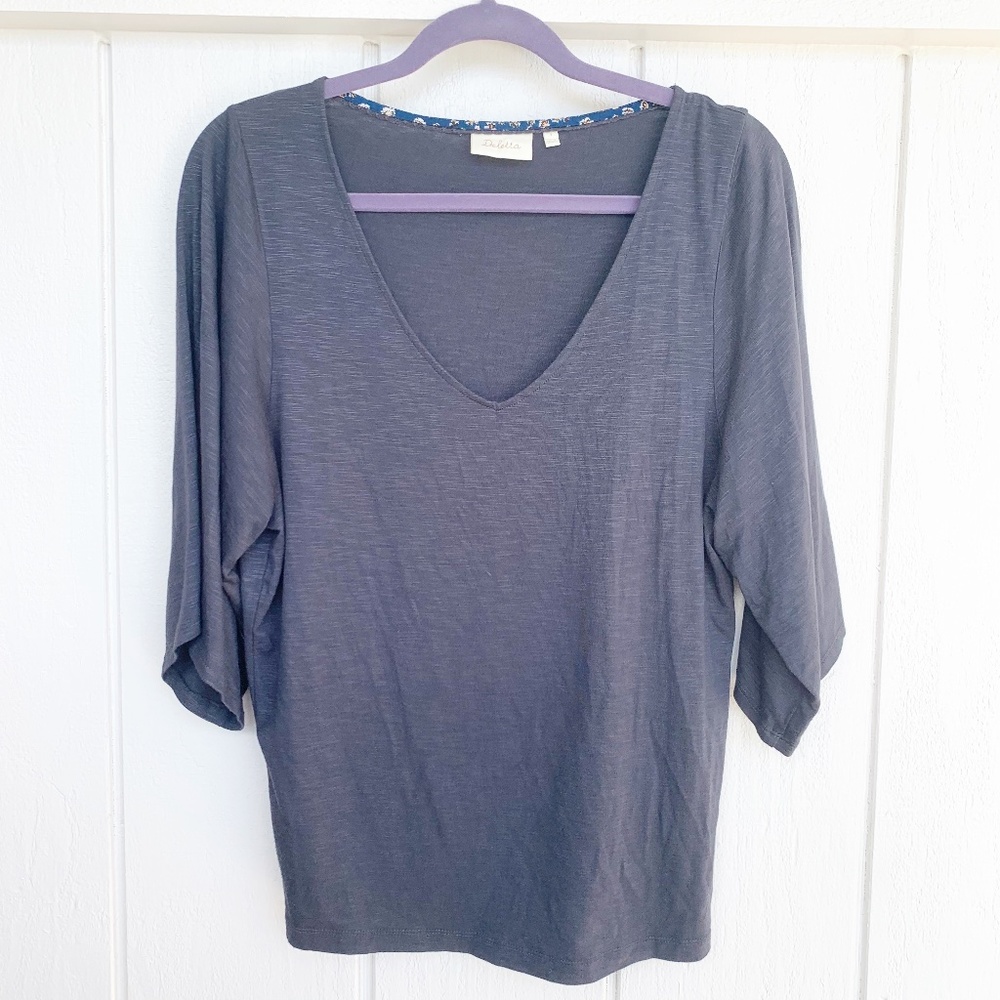 Anthropologie Deletta Blue Grey V-Neck Top S